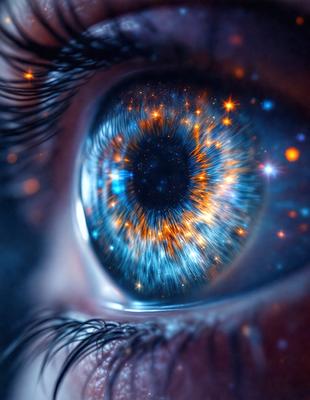 The primary subject of the image is a close-up of a person's eye, showcasing the iris and the blue color of the eye. The setting is a dark background, which contrasts with the bright blue eye. The visual style is a digital art or illustration, creating a vivid and detailed representation of the eye. The colors and mood of the image are predominantly blue, giving it a calm and serene atmosphere.